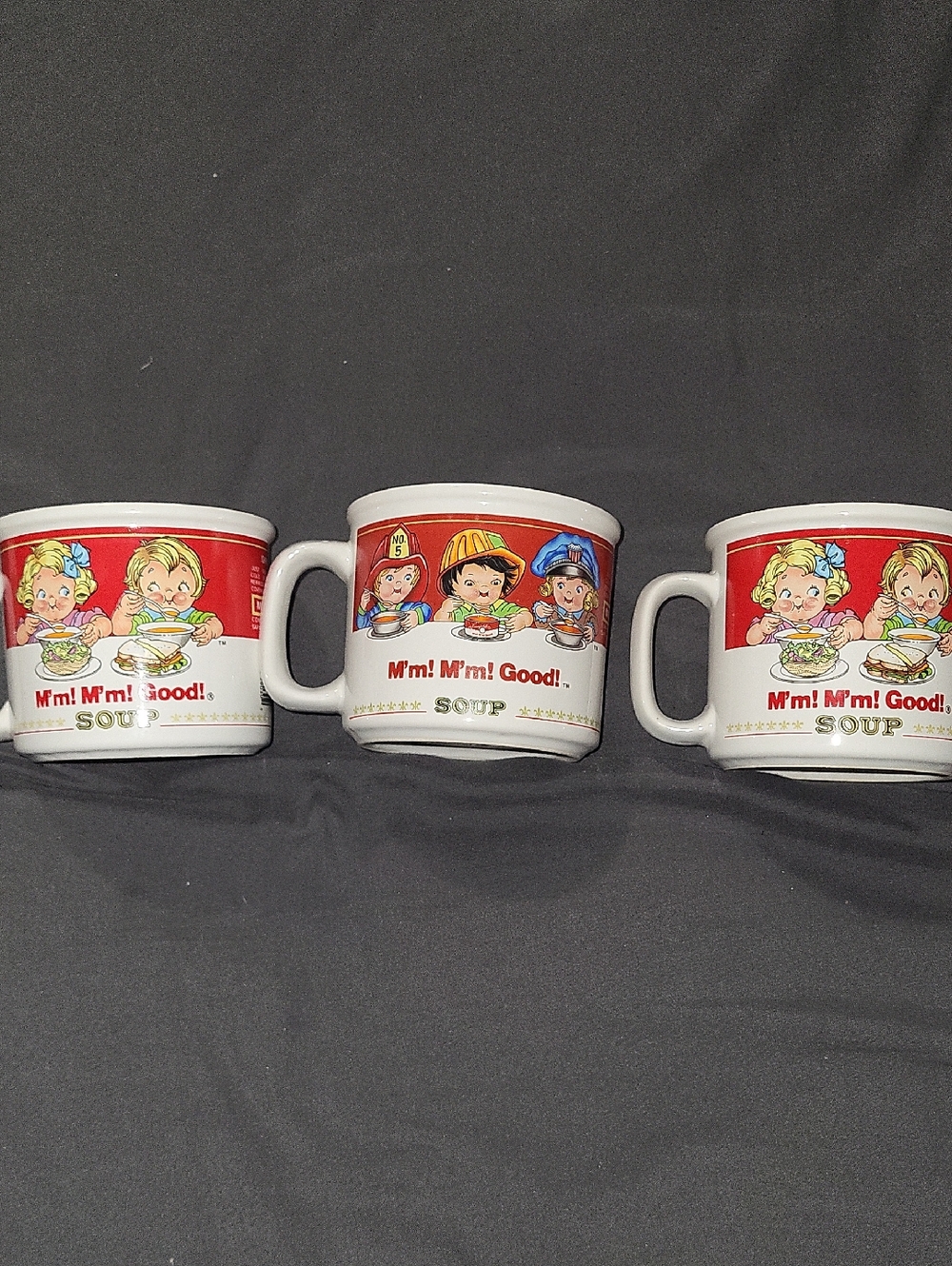 Retro Kids Soup Mugs – Red and White Cartoon Set of 3